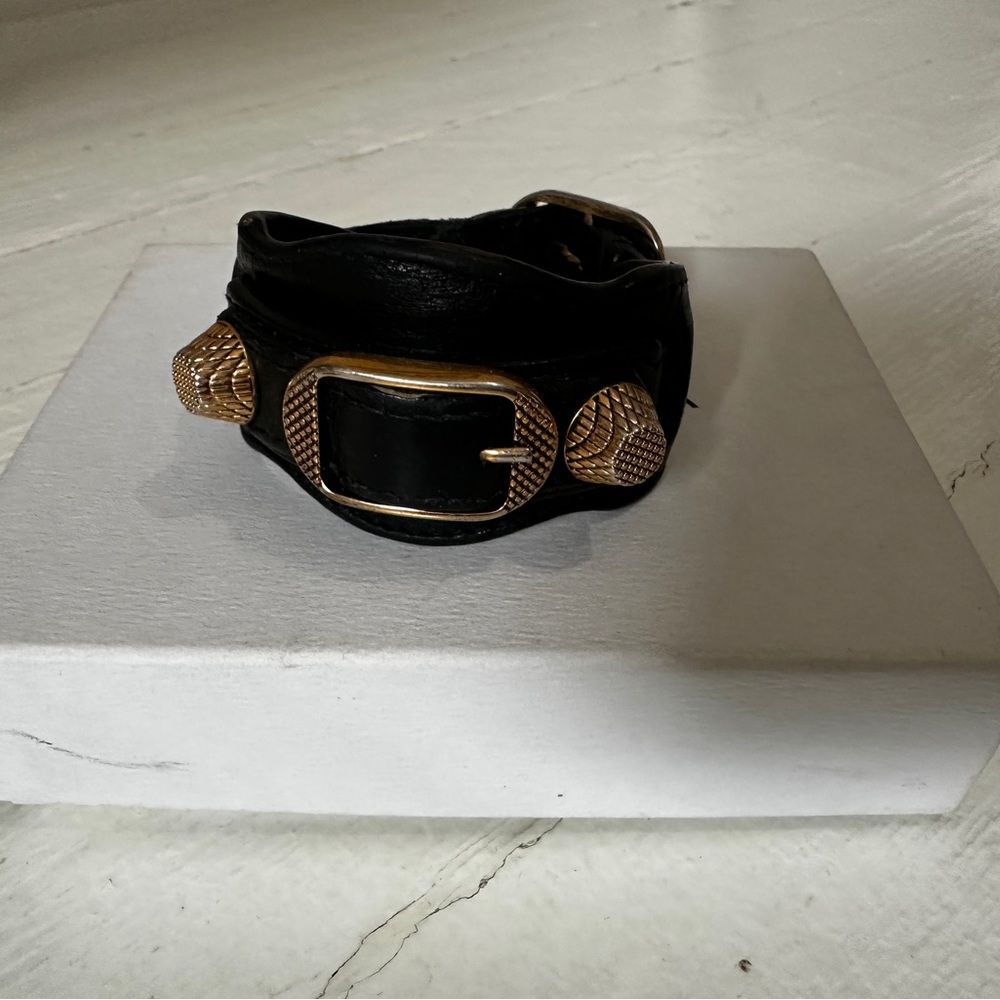 Balenciaga Black Leather Bracelet with Gold Details